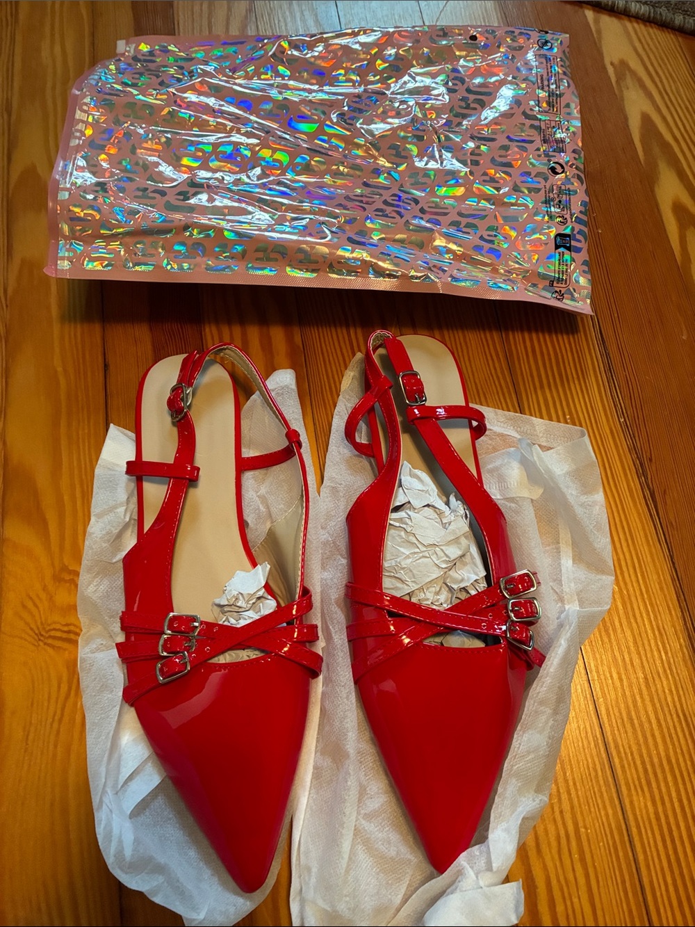 Women’s Red Patent Pointed Slingback Flats with Buckle Straps